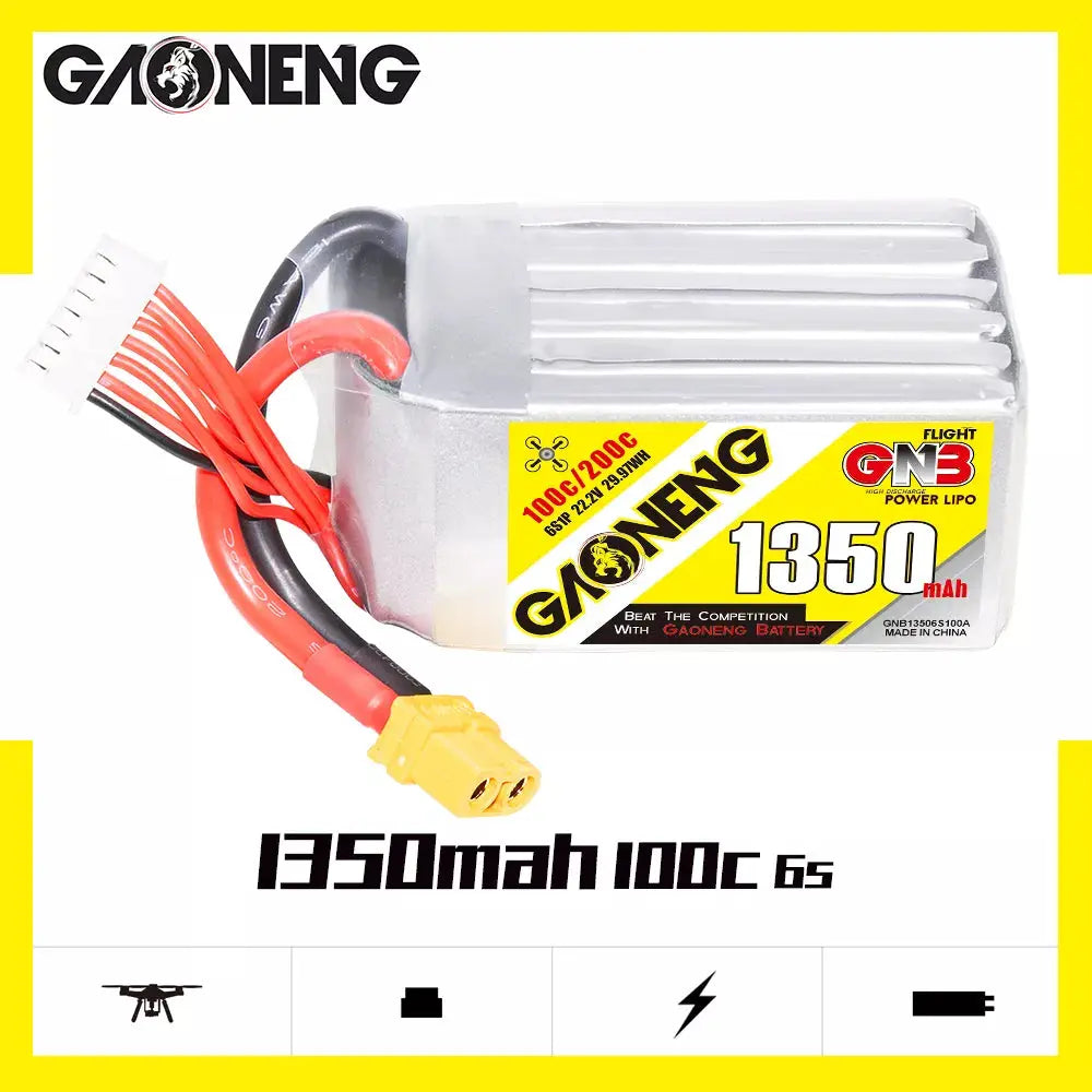 GNB 1350mAh 22.2v 6S 100C - XT60 Lipo Battery with Plastic Plate
