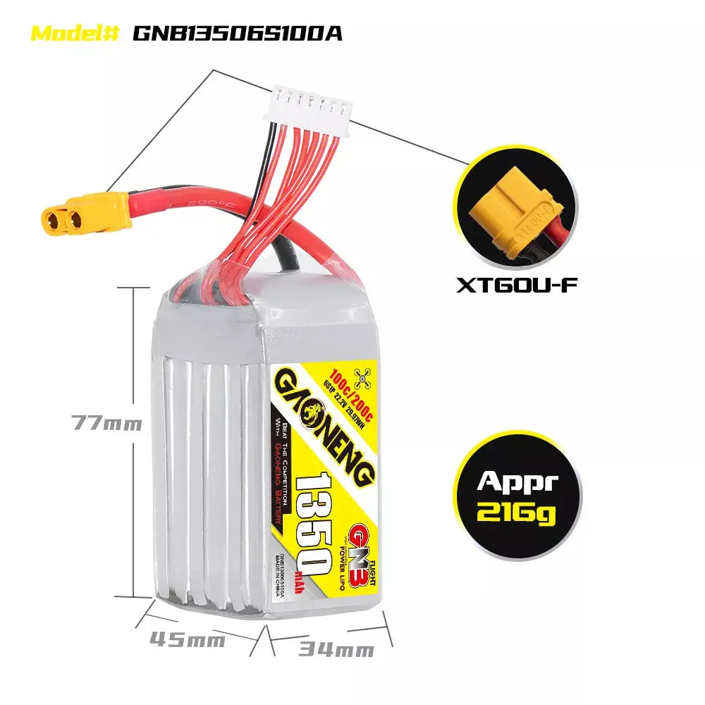 GNB 1350mAh 22.2v 6S 100C - XT60 Lipo Battery with Plastic Plate