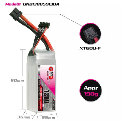 GNB 1300mAh 18.5v 5S 130C - XT60 Lipo Battery w/ Plastic Plate