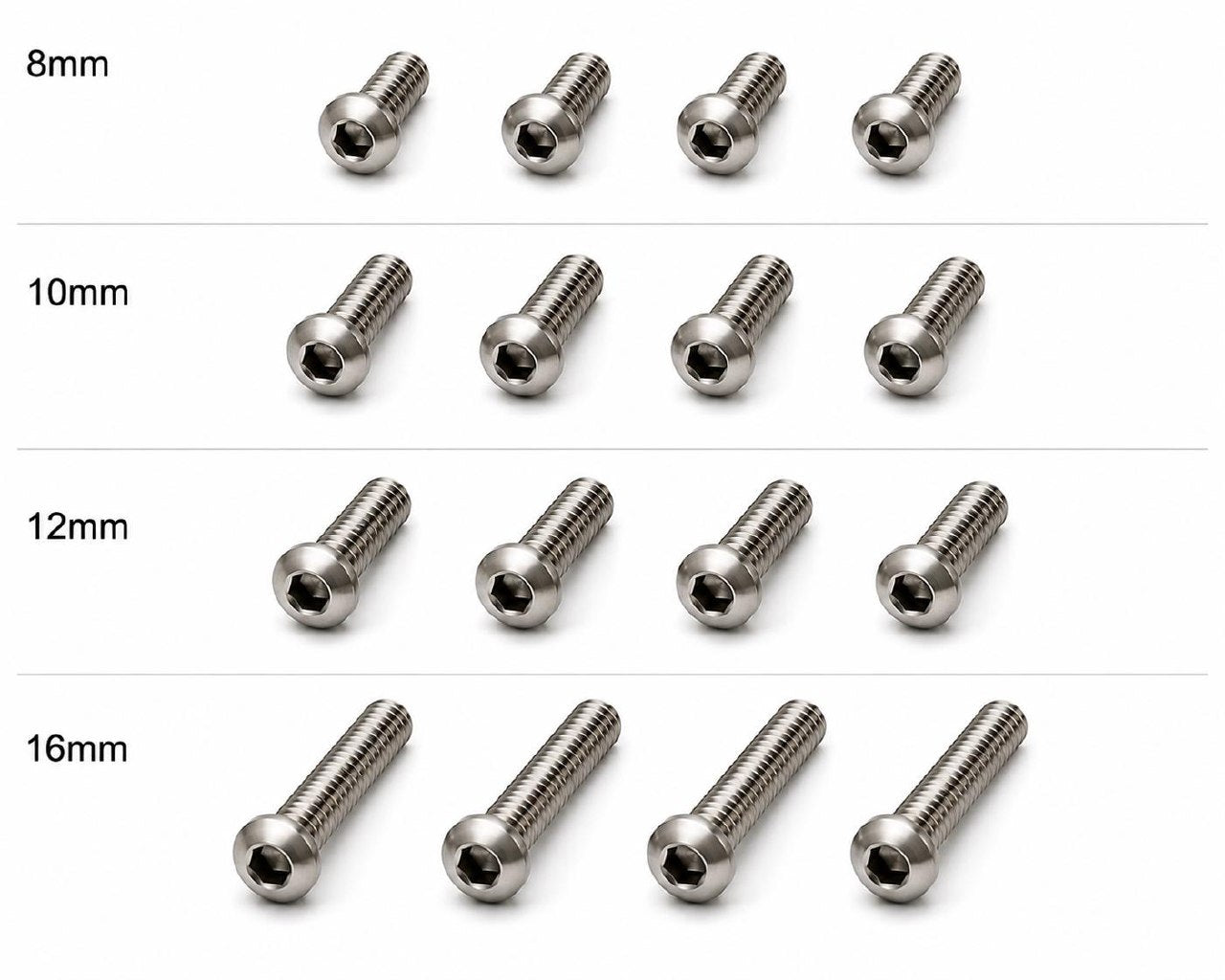 M3 TC4 titanium button head screws available in 8mm, 10mm, 12mm, and 16mm lengths
