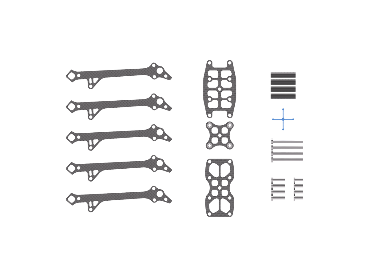 DinDrones OZR-5X frame kit contents — 5 arms, 3 plates, standoffs, hardware