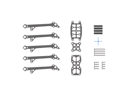 DinDrones OZR-5X frame kit contents — 5 arms, 3 plates, standoffs, hardware