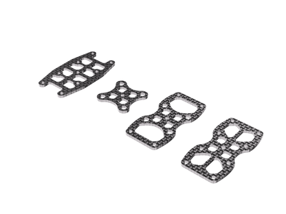 DinDrones OZR-5X carbon plates — top, mid, TBS mid, bottom