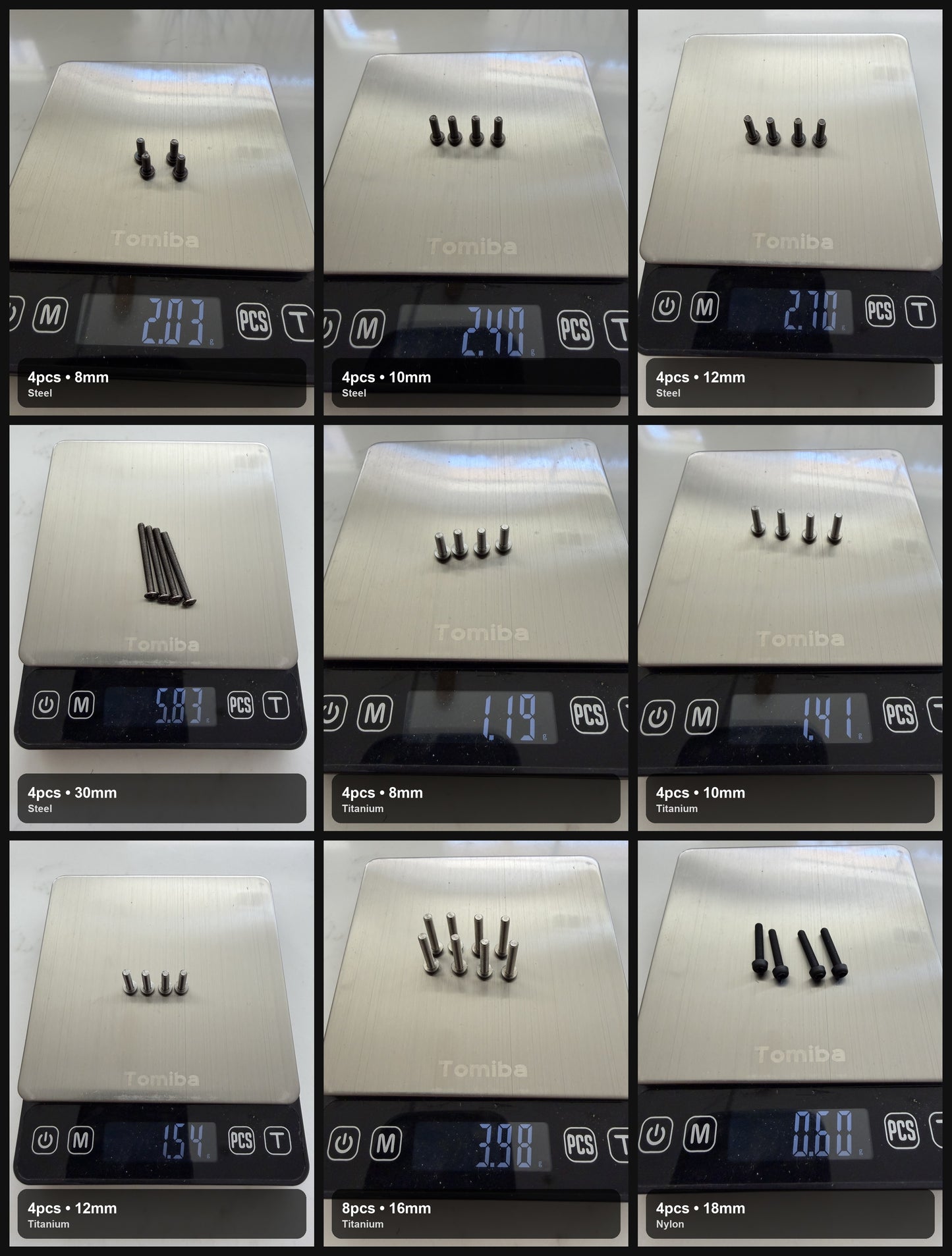 Measured screw weight comparison grid for steel, titanium, and nylon hardware