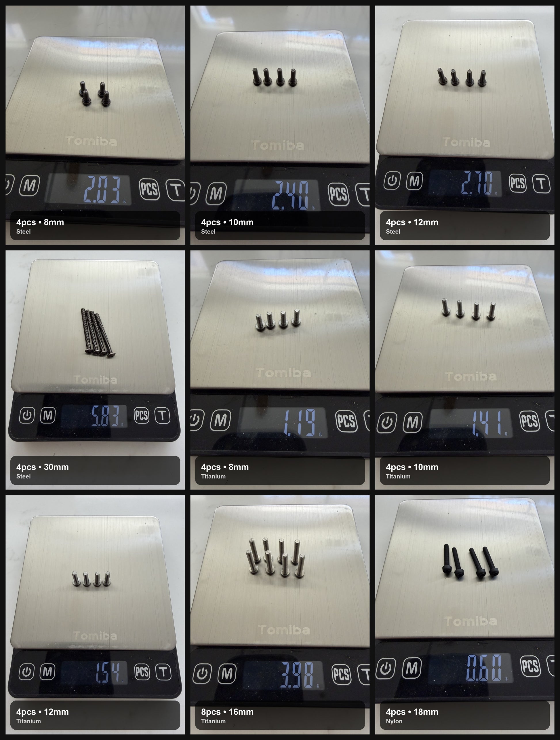 Measured screw weight comparison grid for steel, titanium, and nylon hardware