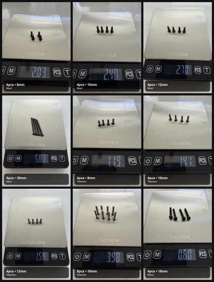 Measured screw weight comparison grid for steel, titanium, and nylon hardware